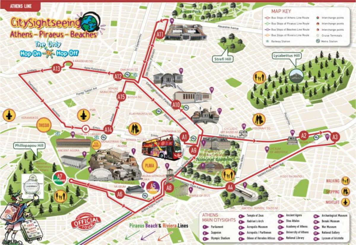 Hop on hop off Athens map - Athens hop on hop off bus map (Greece)